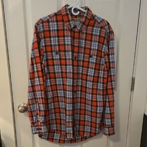 Duluth Trading Co Men's Orange and Blue Plaid Shirt